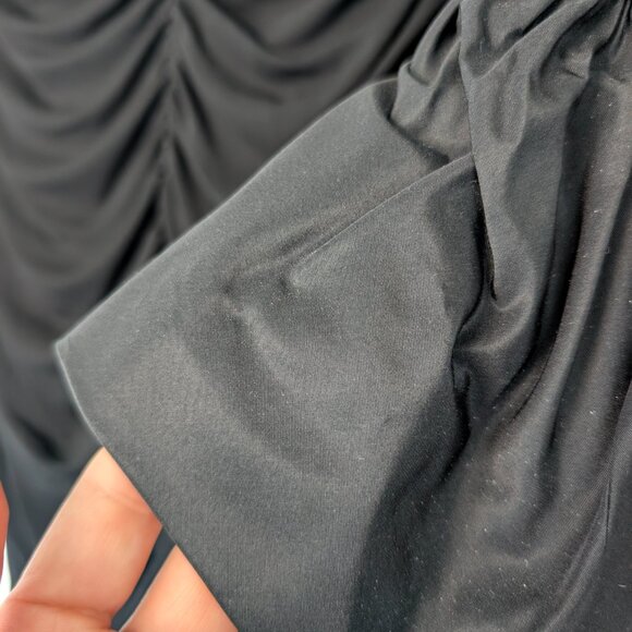 Black Ruched Statement Dress (Beaded Collar, Bell Sleeves) - Picture 2 of 6